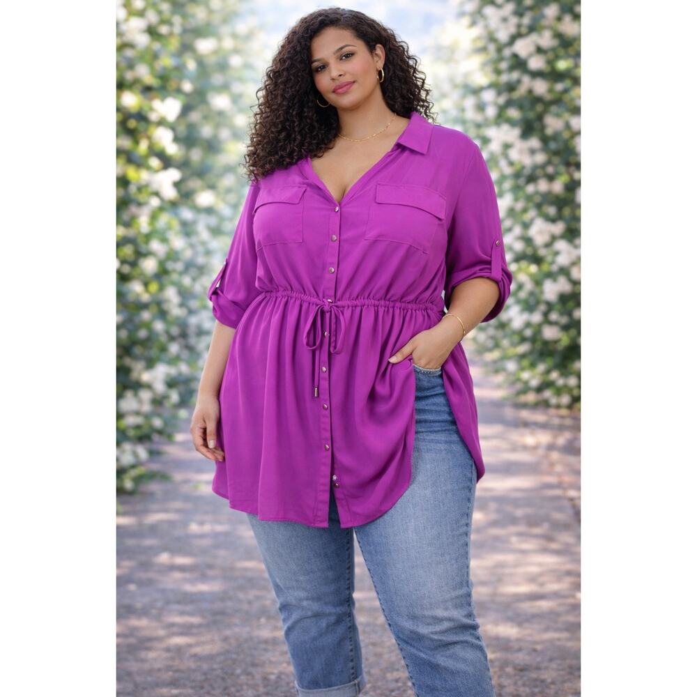 188 SZ 2X Lane Bryant Fushia Tunic Top 3/4 Sleeve Button Front Tie Waist